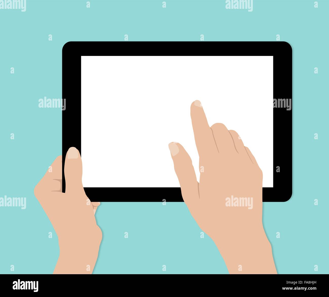 Donna tenere mani e touch tablet PC su sfondo turquiose, vettore Illustrazione Vettoriale