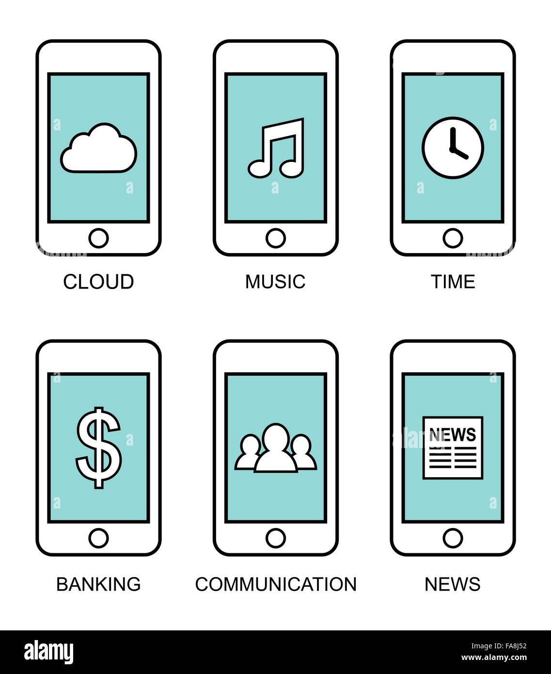 Contorno piatti moderni telefoni intelligenti con diversi elementi di interfaccia utente su sfondo bianco Illustrazione Vettoriale
