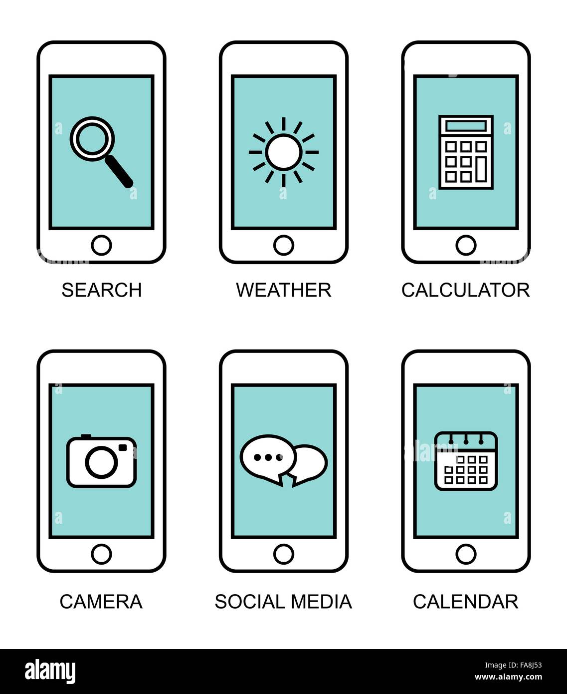 Contorno piatti moderni telefoni intelligenti con diversi elementi di interfaccia utente su sfondo bianco Illustrazione Vettoriale