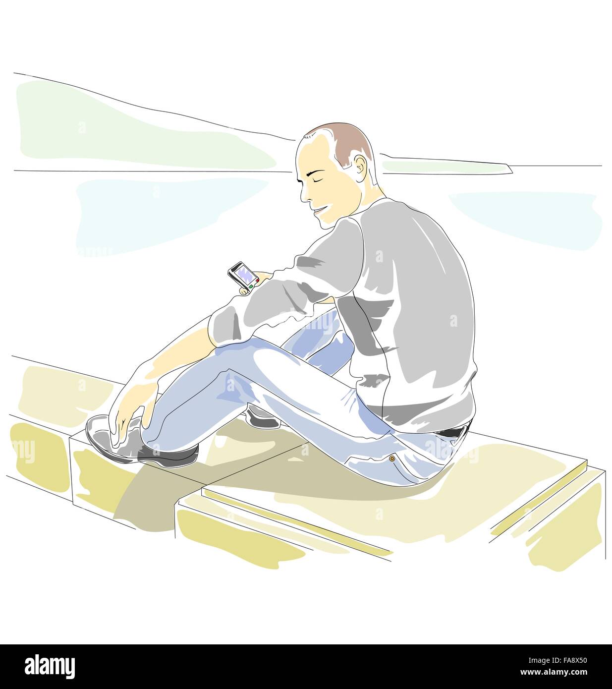 Uomo con telefono cellulare seduti sul parapetto Illustrazione Vettoriale