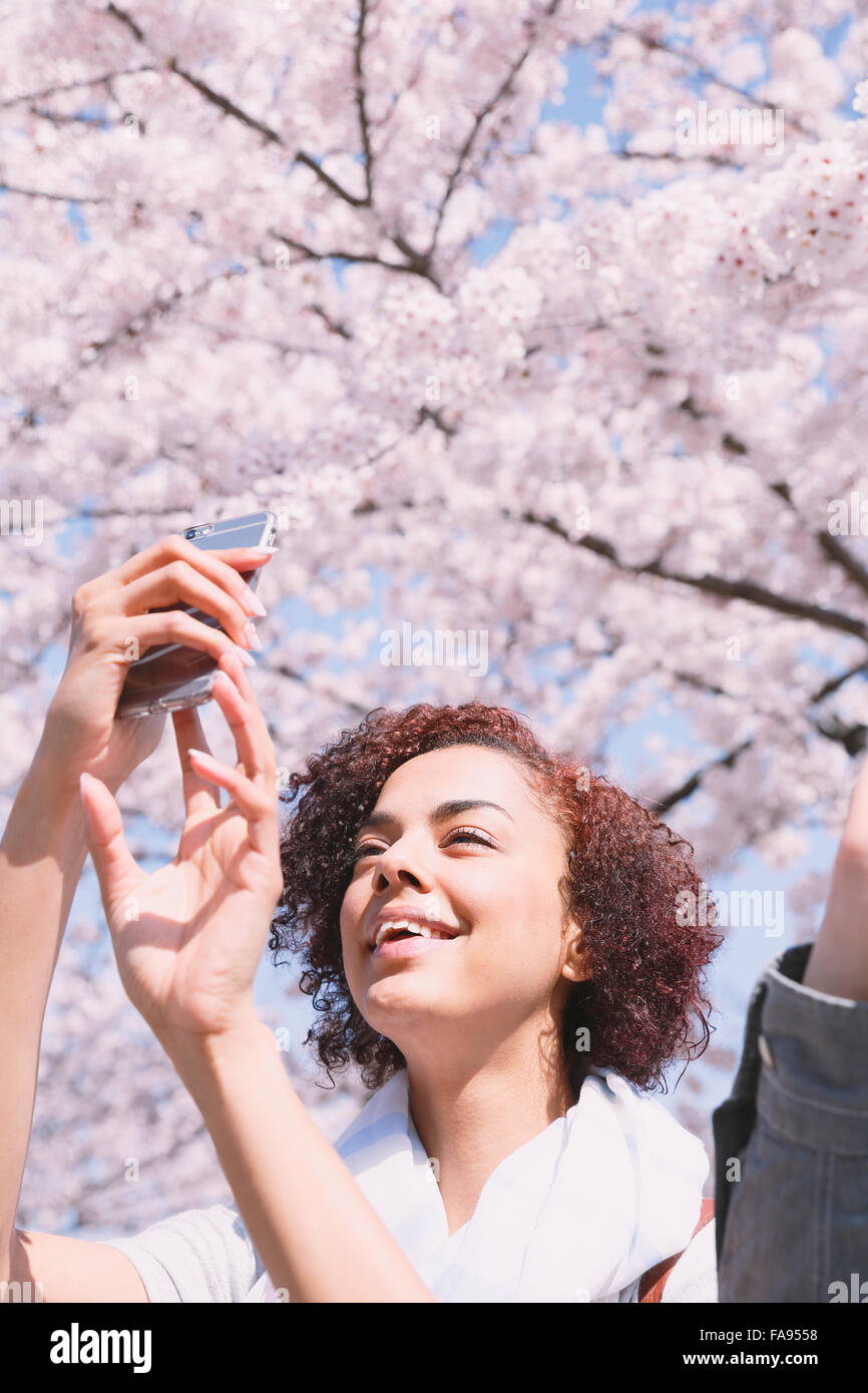 Giovane donna godendo la fioritura dei ciliegi in fiore nel Tokyo Foto Stock