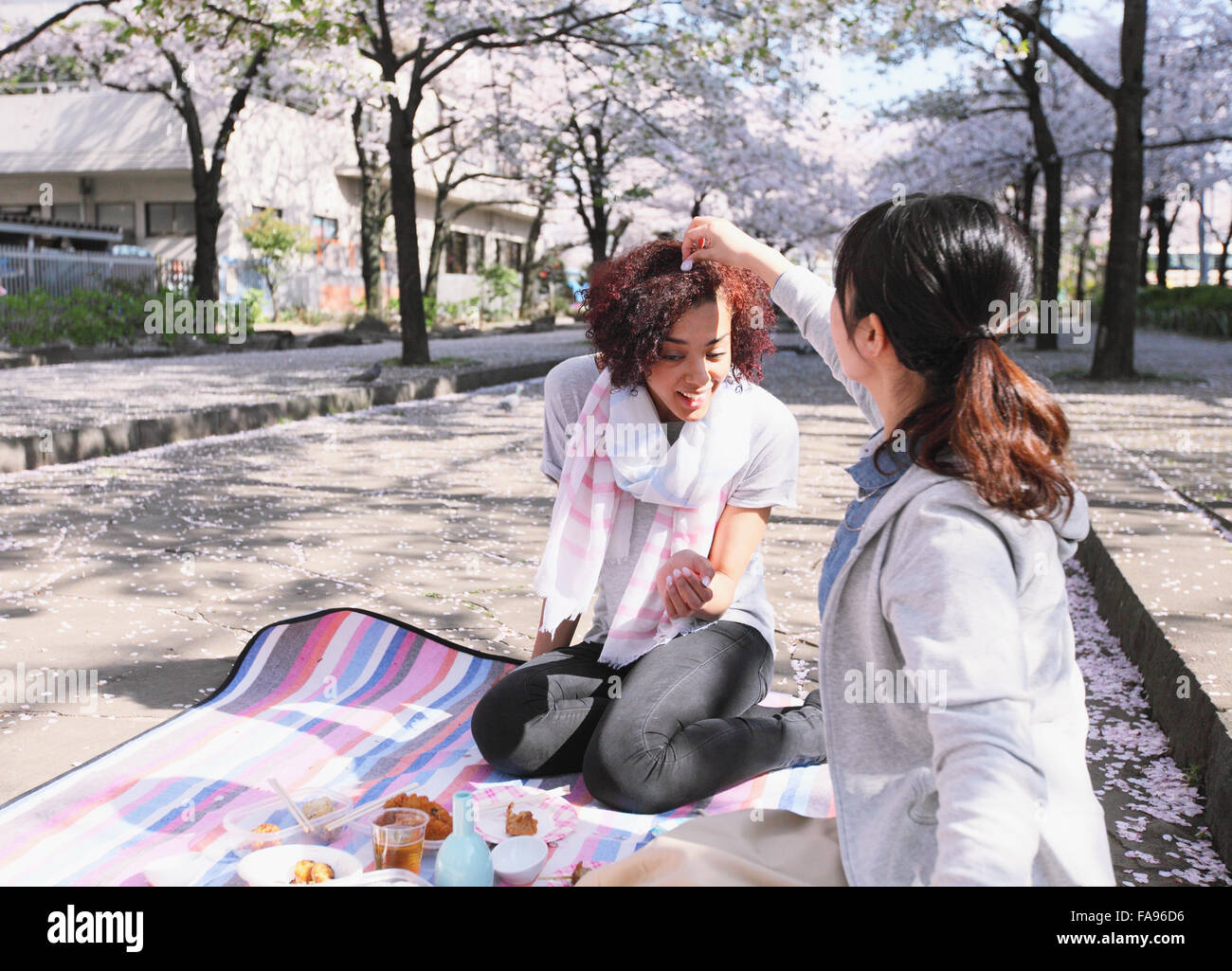 Giovani multi-etnico amico godendo la fioritura dei ciliegi in fiore nel Tokyo Foto Stock