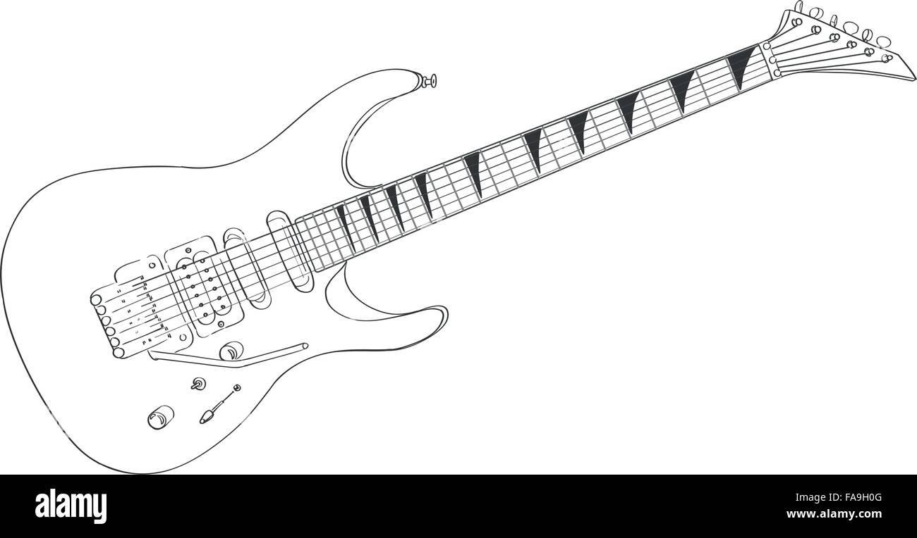 Chitarra elettrica disegno sul bianco. line art illustrazione vettoriale Illustrazione Vettoriale