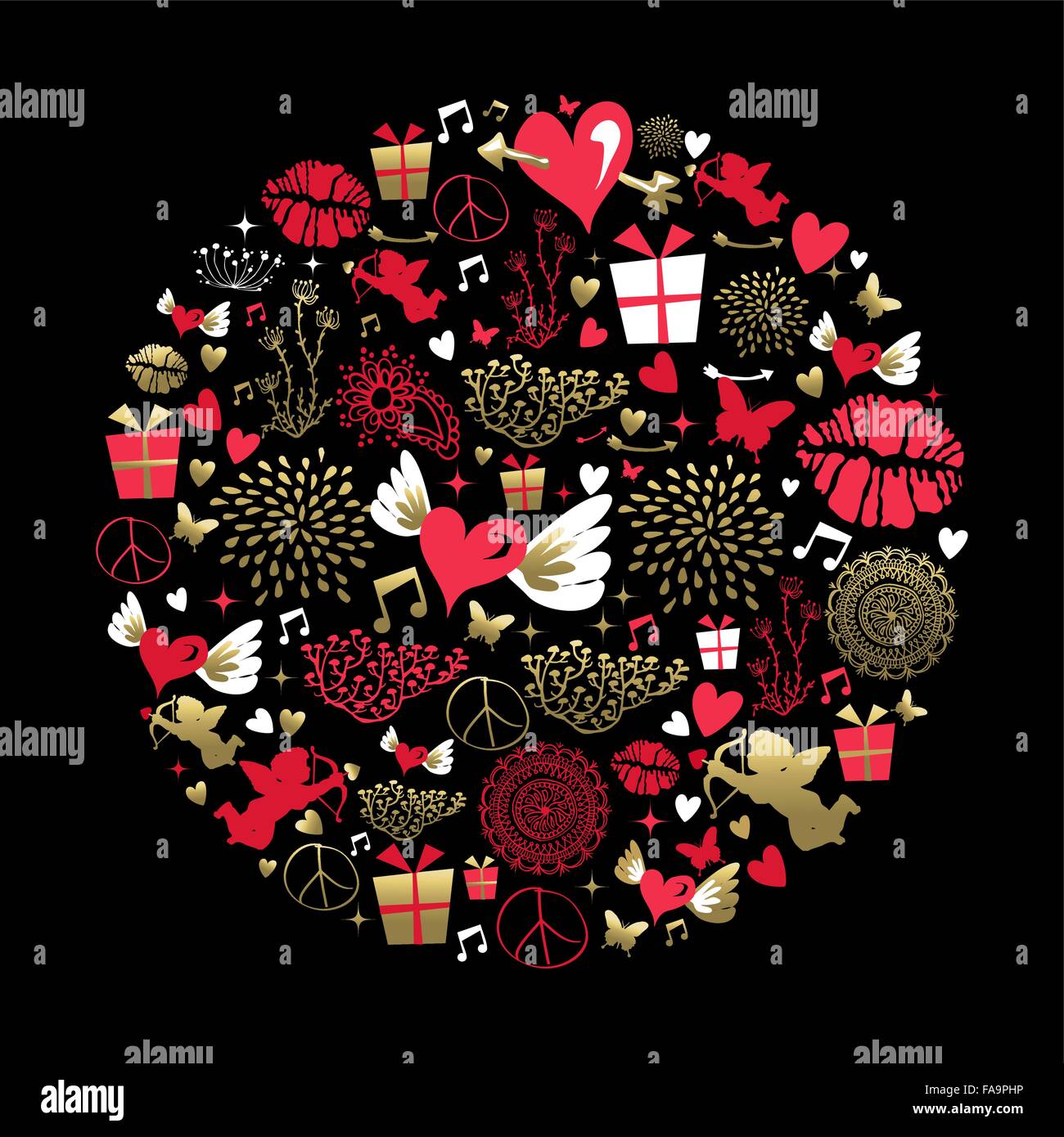 Valentine greeting card design, set di vintage icone di stile in oro e colori rosa. Include la forma di cuore, Angelo, Kiss. Illustrazione Vettoriale
