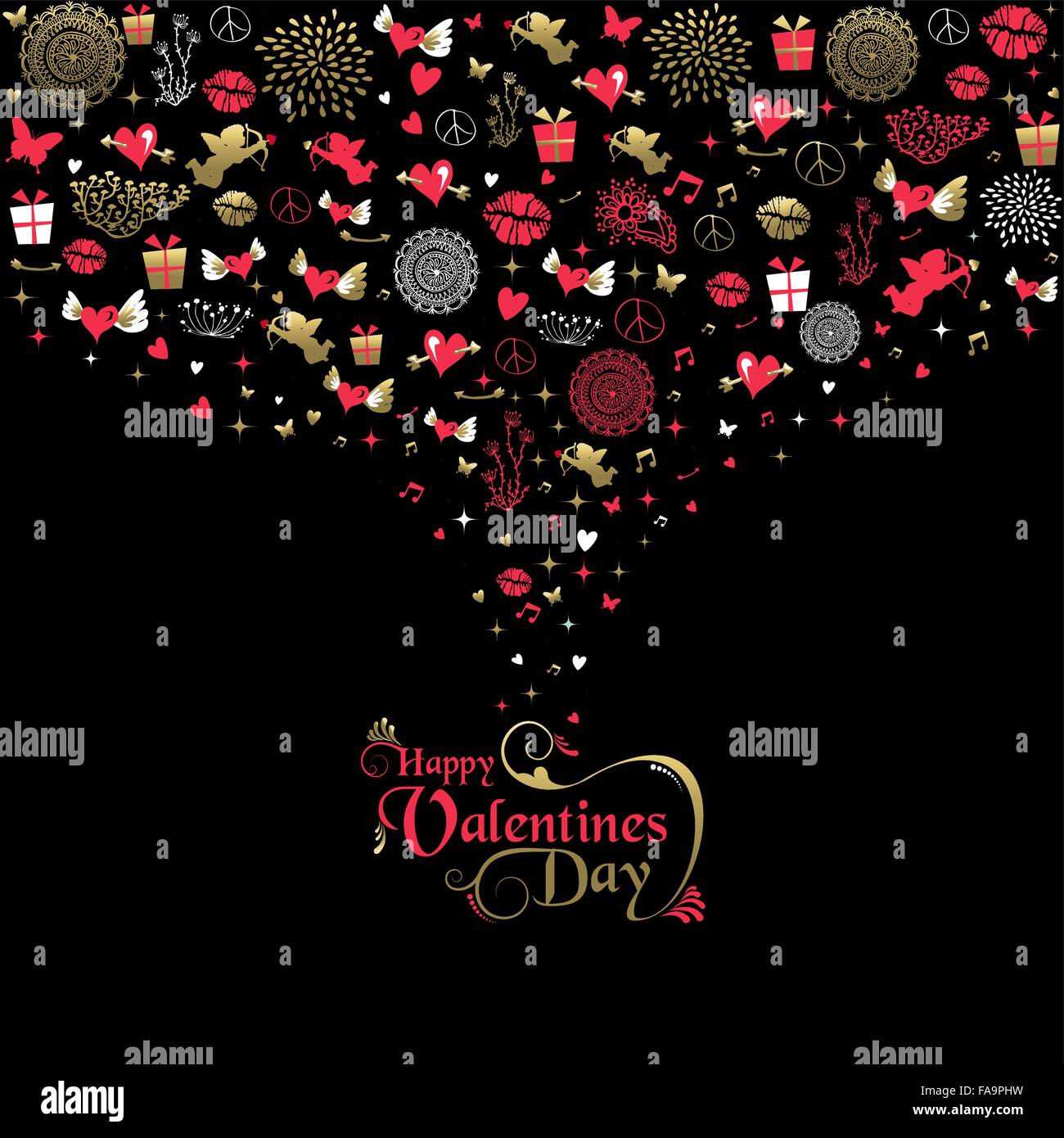 Happy Valentines Day greeting card, vintage icone di stile in oro e colori rosa con etichetta di testo design. EPS10 vettore. Illustrazione Vettoriale