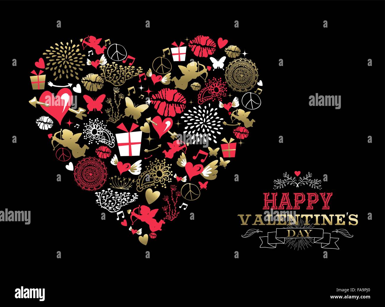 Il giorno di San Valentino biglietto di auguri, icone retrò messa a forma di cuore silhouette in oro e colori rosa con elementi ornamentali etichetta di testo. Illustrazione Vettoriale