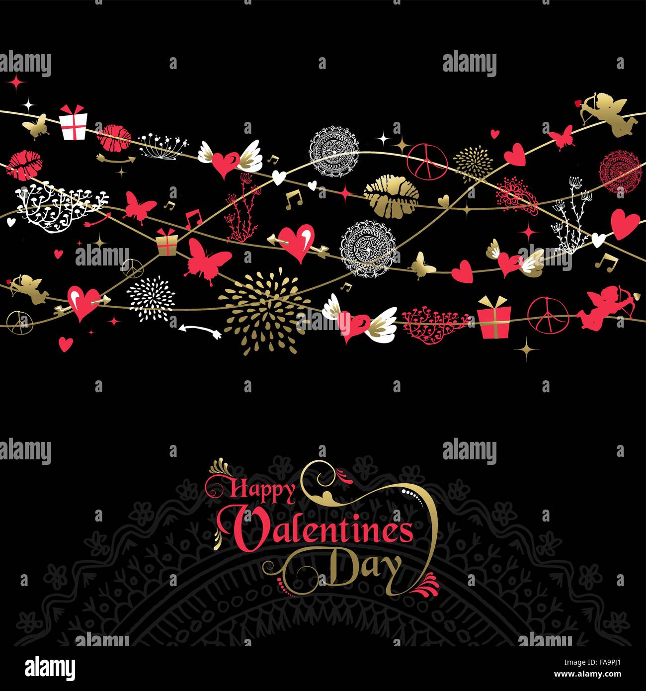 Happy Valentines Day greeting card background design vintage, icona di stile con decor di etichetta di testo in oro e rosa . EPS10 Illustrazione Vettoriale