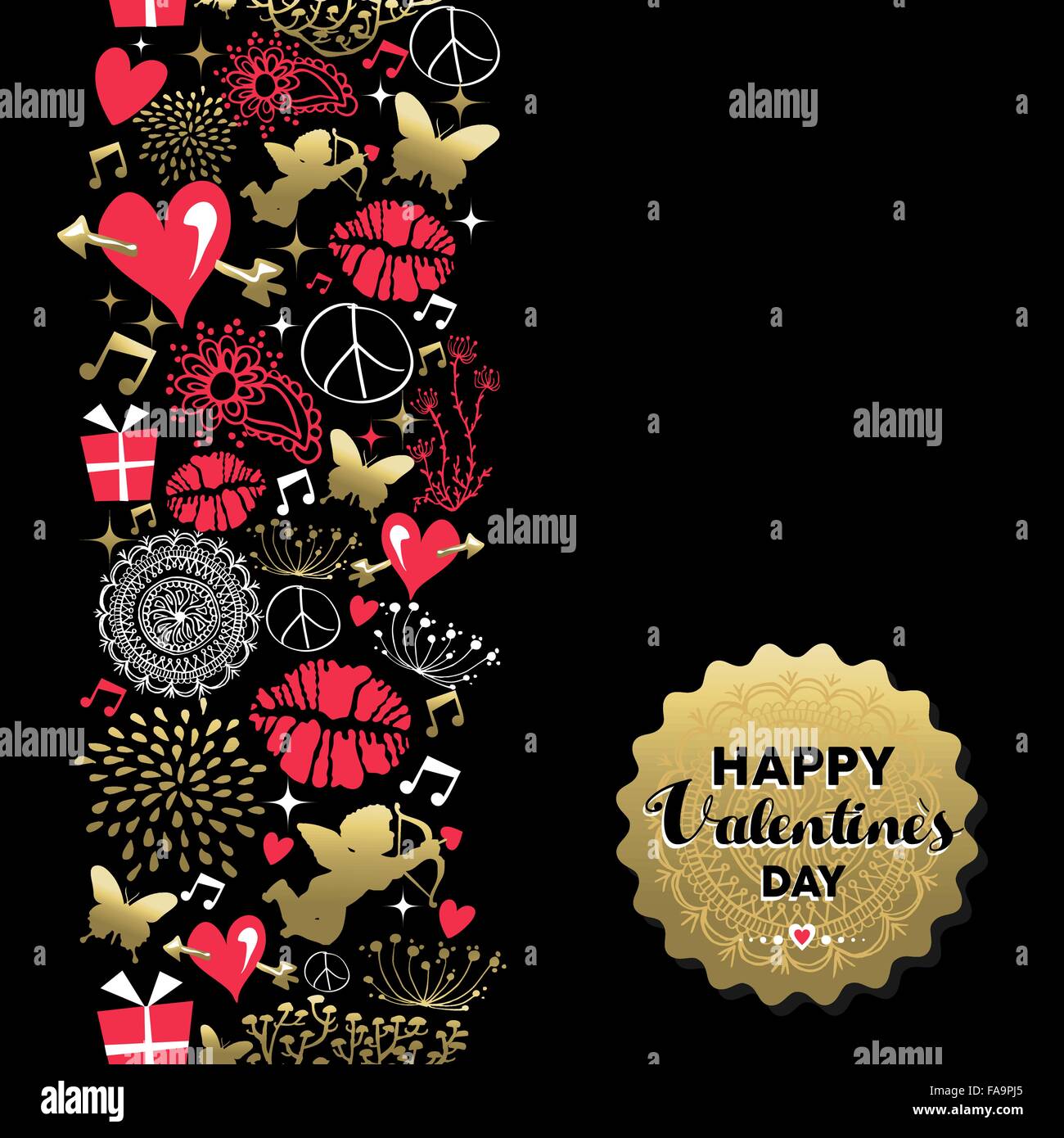 Happy Valentines Day retrò bigliettino, icona e modello oro etichetta di testo. Include angel, cuore, kiss e natura silhouette. Illustrazione Vettoriale
