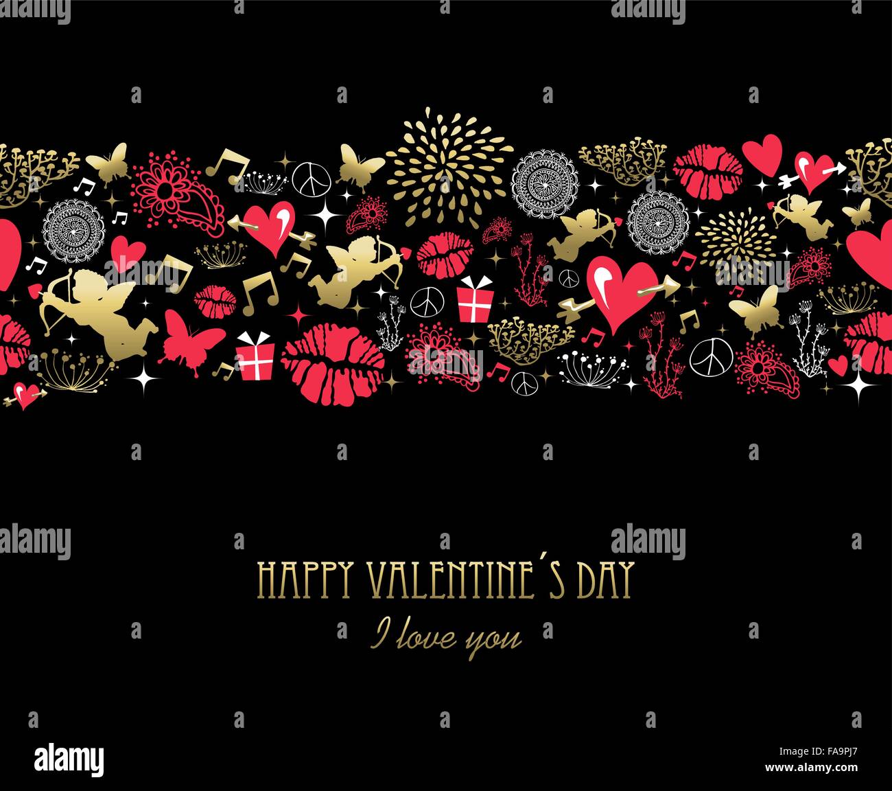 Happy Valentines Day greeting card modello realizzato di vintage icone e testo. Include angel, forma di cuore, Kiss, amore decorazione. Illustrazione Vettoriale