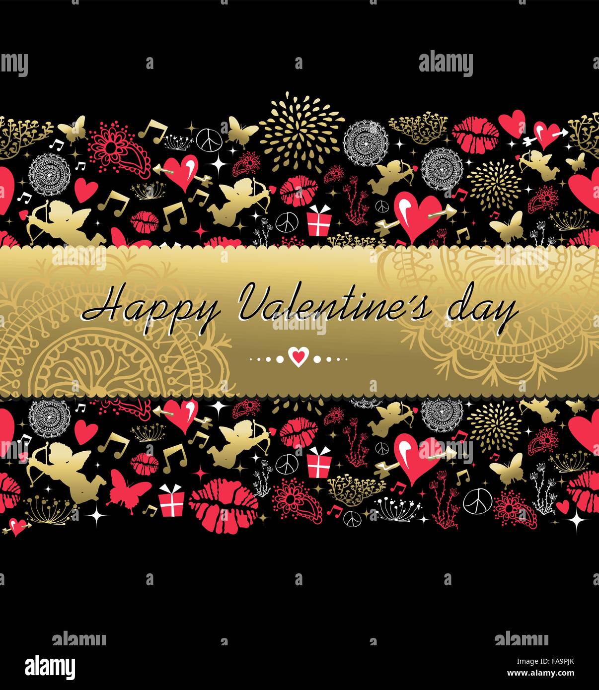 Felice il giorno di san valentino decorazione di pattern e oro testo etichetta realizzata con vintage icon set. Include angel, Kiss, forma di cuore. EPS10 Illustrazione Vettoriale