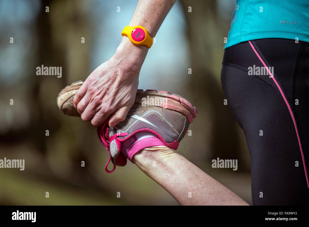 Un pareggiatore femmina indossando un tracker di attività di stretching prima di una corsa REGNO UNITO Foto Stock