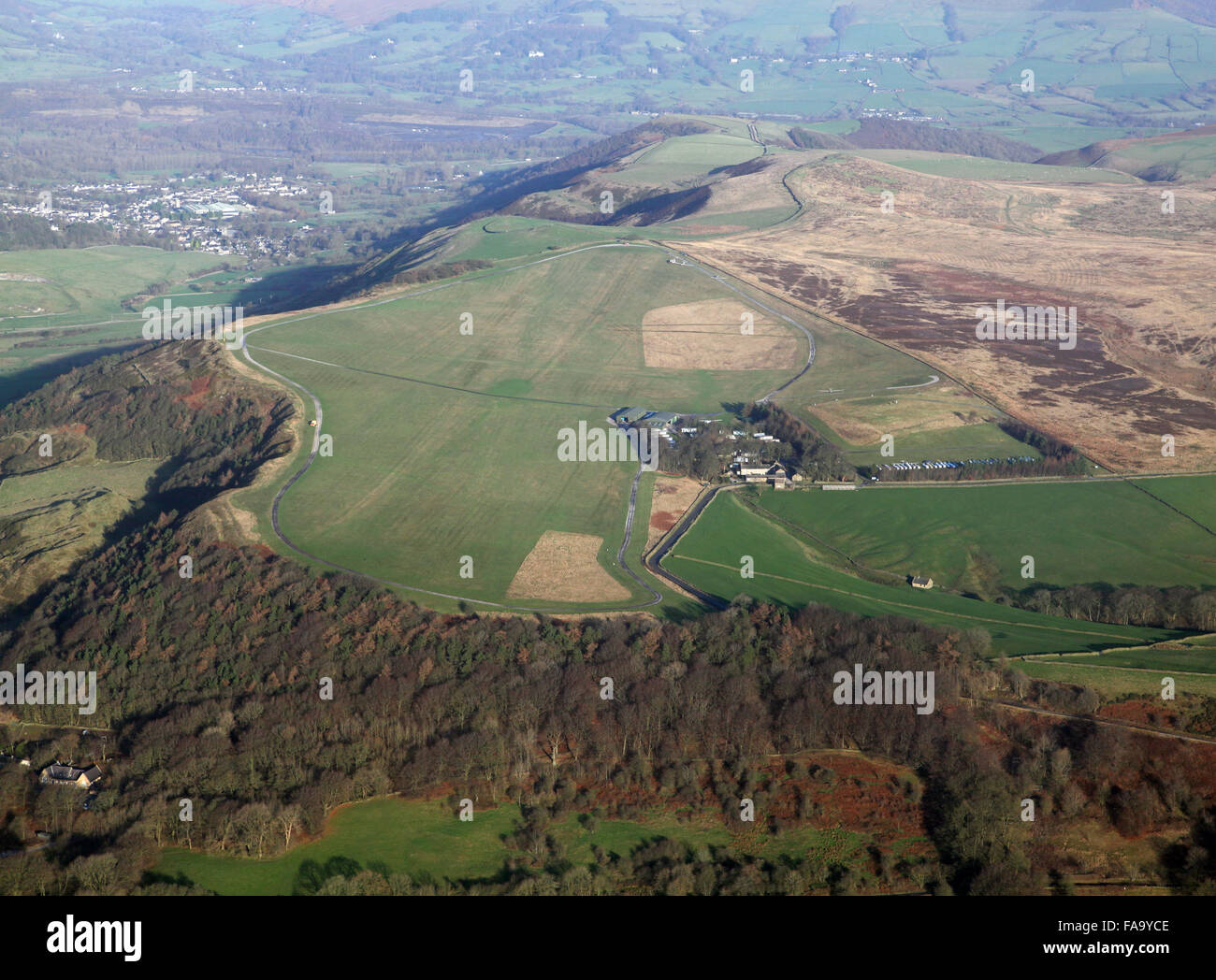 Vista aerea del Camphill deltaplano sito vicino a Buxton, Derbyshire, Regno Unito Foto Stock