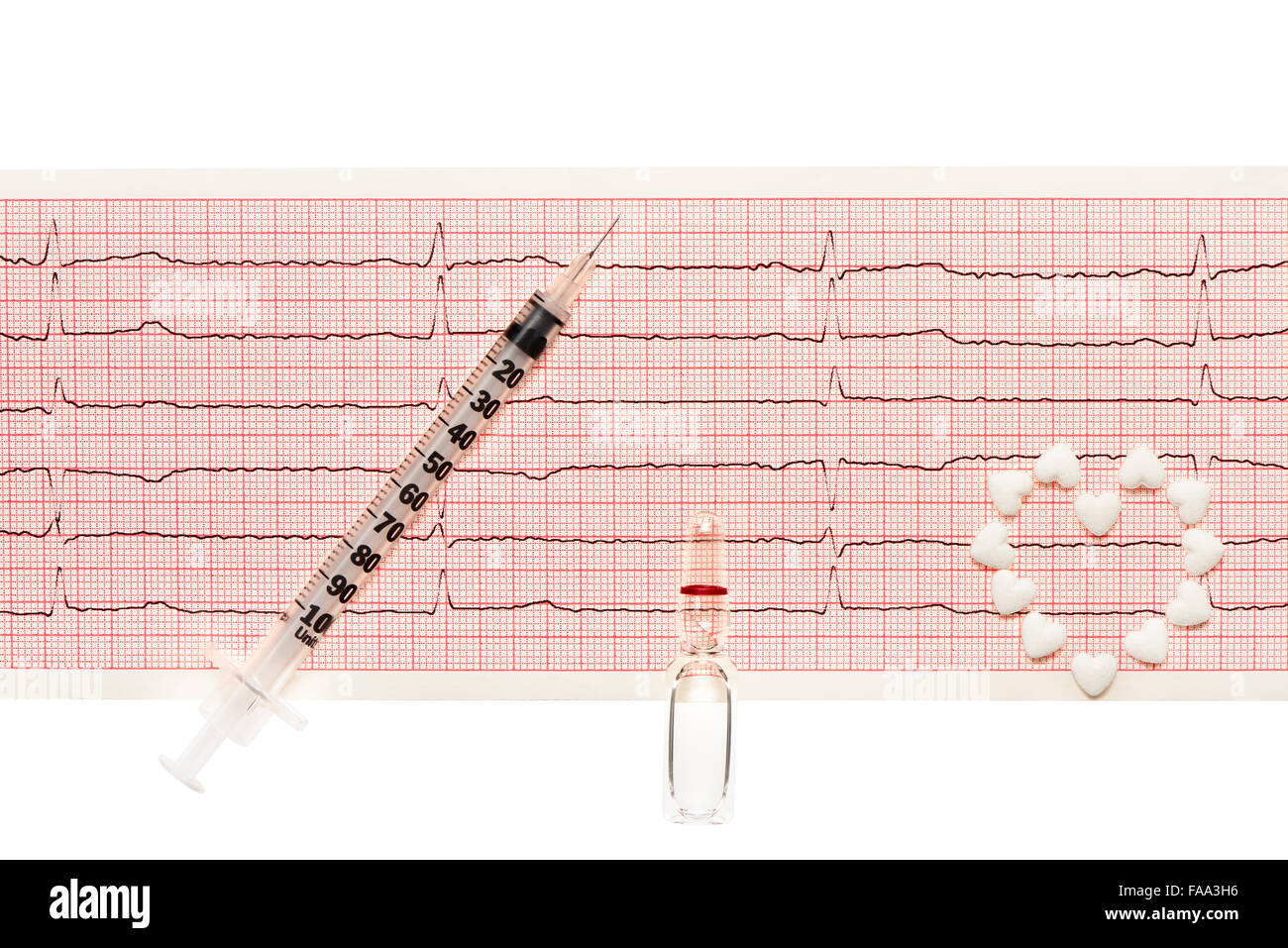 Cuore del cuore bianco compresse di forma, bianco trasparente ampolla di vetro e la siringa plastica su carta risultati della ECG Foto Stock