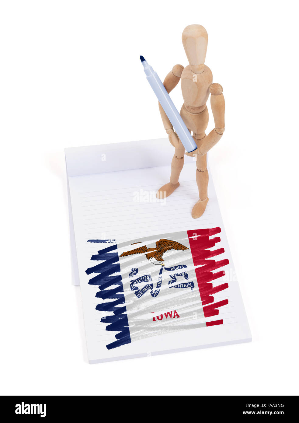 Manichino di legno fatto un disegno di una bandiera - Iowa Foto Stock