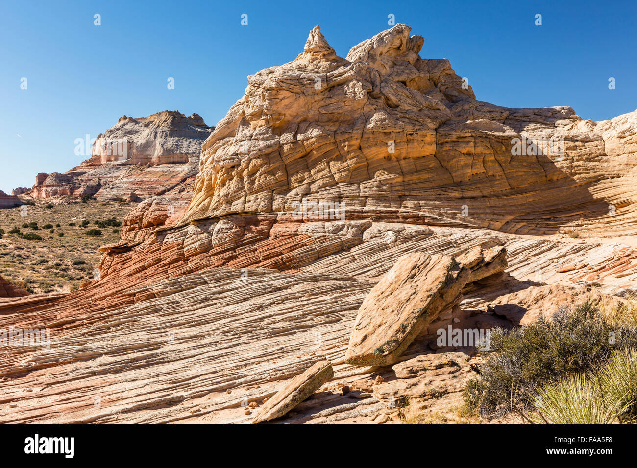 Strati di striature nelle uniche e remote bianche Pocket formazioni rocciose in Vermillion Cliffs National Monument in Arizona. Foto Stock