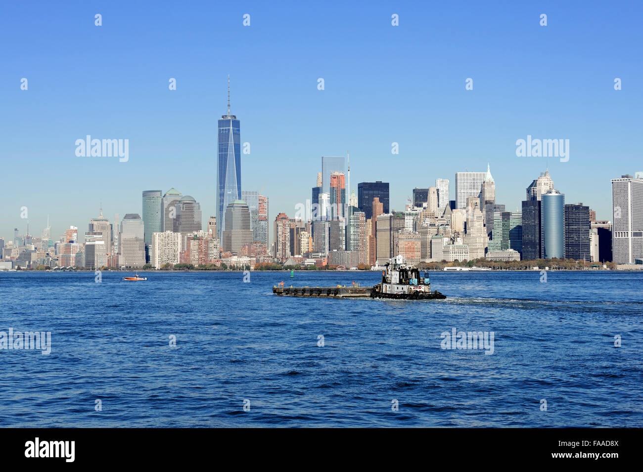 Skyline distretto finanziario con One World Trade Center, Manhattan, New York, New York, Stati Uniti d'America Foto Stock