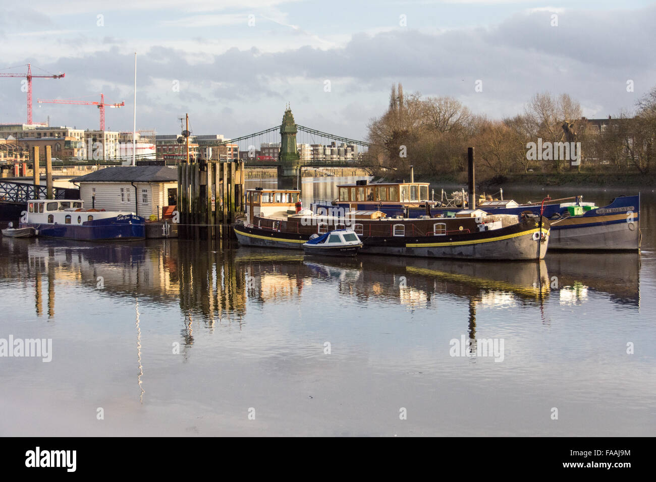 Case galleggianti ormeggiate sul Tamigi da Hammersmith Bridge, Londra, W6, Regno Unito Foto Stock