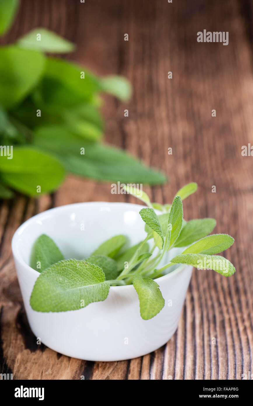 Le erbe fresche (SAGE) sull'annata sullo sfondo di legno (close-up shot) Foto Stock