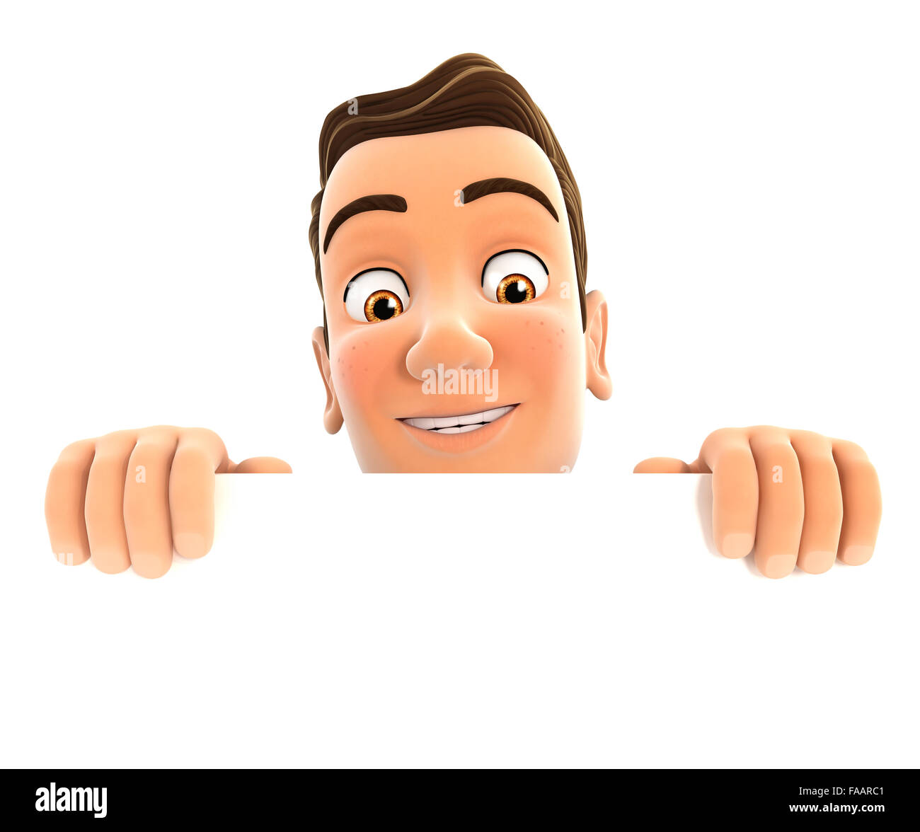 3d imprenditore nascondersi dietro il muro bianco, isolato sfondo bianco Foto Stock