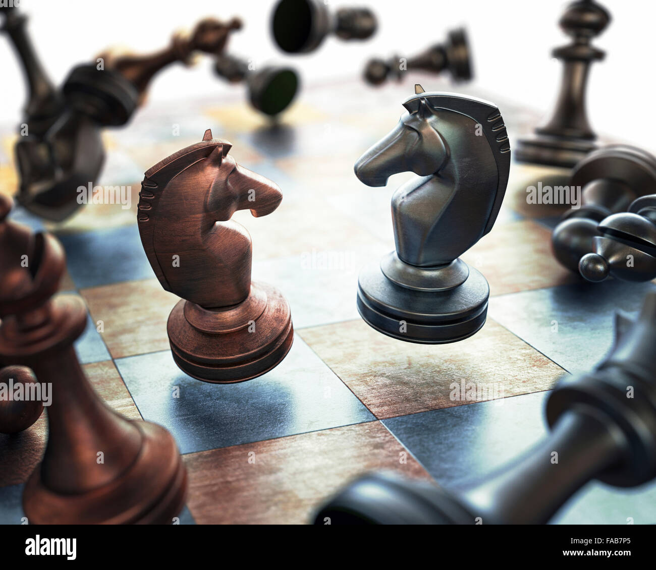 I pezzi su una scacchiera, illustrazione del computer. Foto Stock