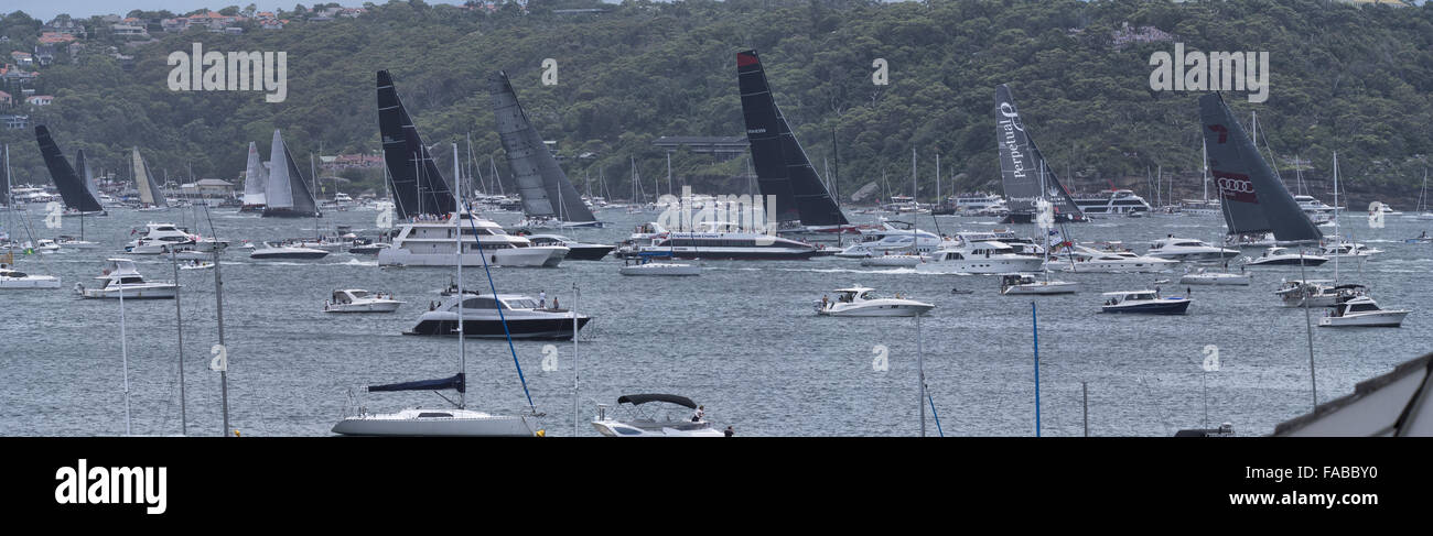 Sydney, Australia. Il 26 dicembre, 2015. Il maxi yacht che portano le barche più piccole come assalto al di fuori del porto di Sydney a valledel 1pm suonò la tromba del clacson. Credito: Simonito Tecson/Alamy Live News Foto Stock