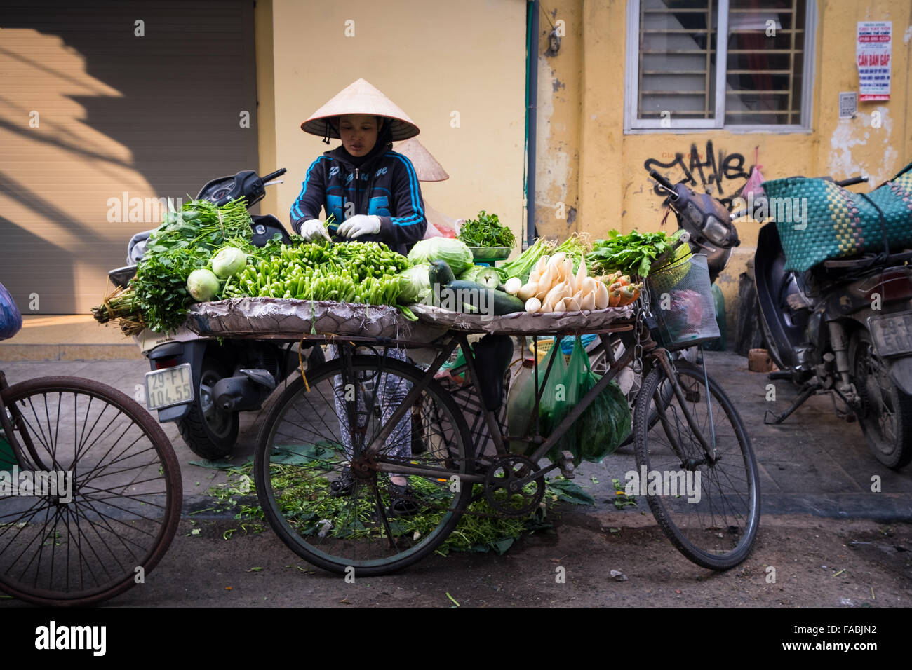 Un venditore ambulante vendere verdure dal retro della sua bicicletta nella città vecchia di Hanoi e Foto Stock