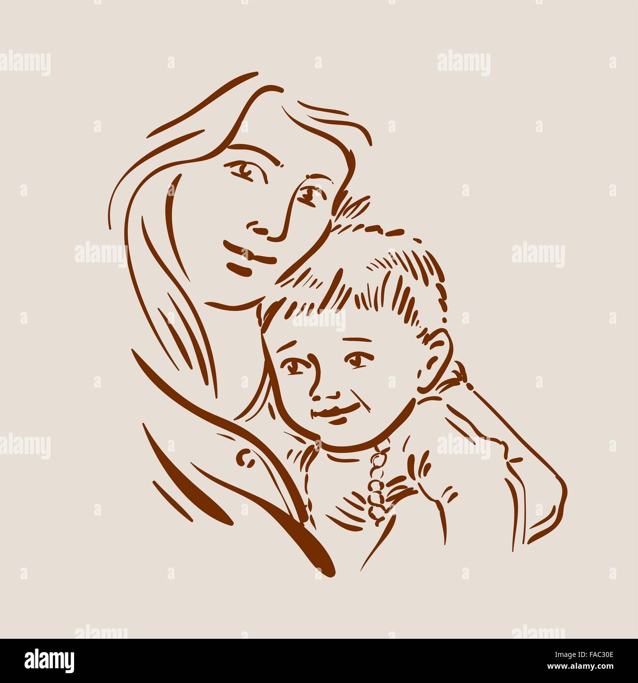 Mano bozzetto giovane madre e bambino. Illustrazione Vettoriale Illustrazione Vettoriale