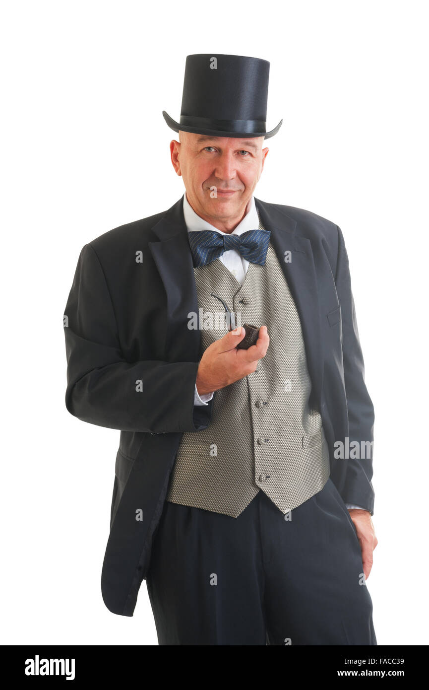 Persone di mezza età imprenditore in un retrò business suit con tubo di fumo isolato su bianco Foto Stock