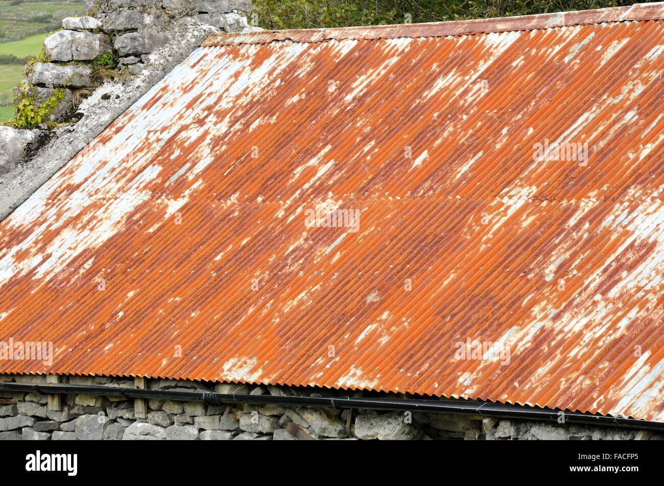 Rusty ferro corrugato tetto su un vecchio Irish cottage Burren County Clare Irlanda Foto Stock