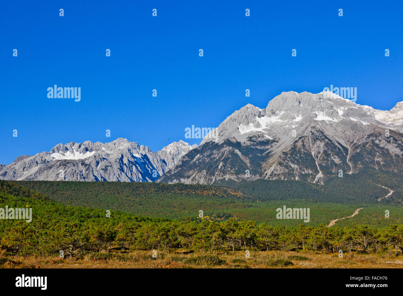 Jade Dragon Snow Mountain,popolare destinazione turistica con la Funivia,prati circondati da foreste e bandiere di preghiera,Fortuna fascino,nella provincia dello Yunnan,PRC,mento Foto Stock