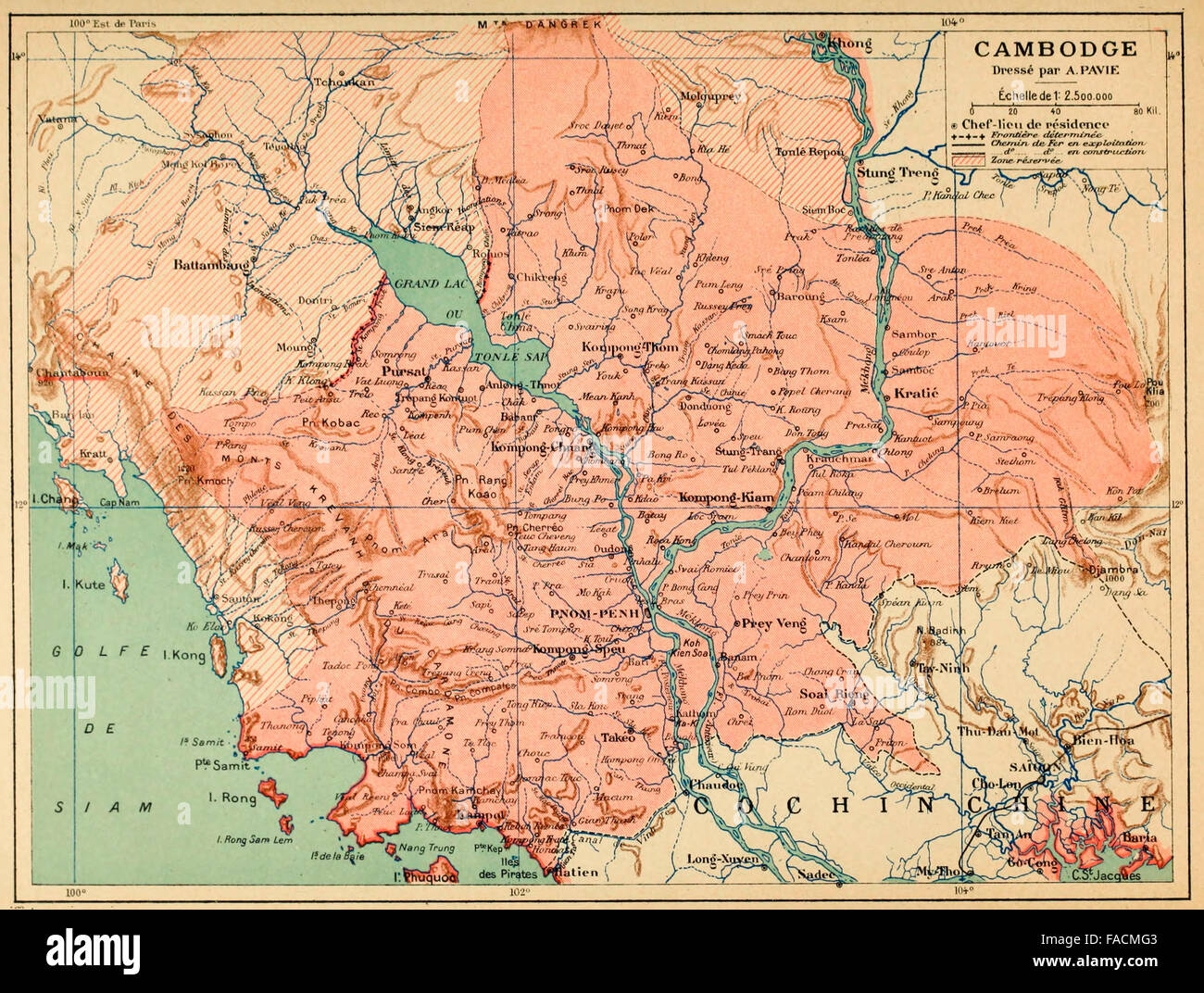 Cambogia - Francese Indochine, circa 1890. Mappa testo in francese. Cambogia - Indocina Francese Foto Stock