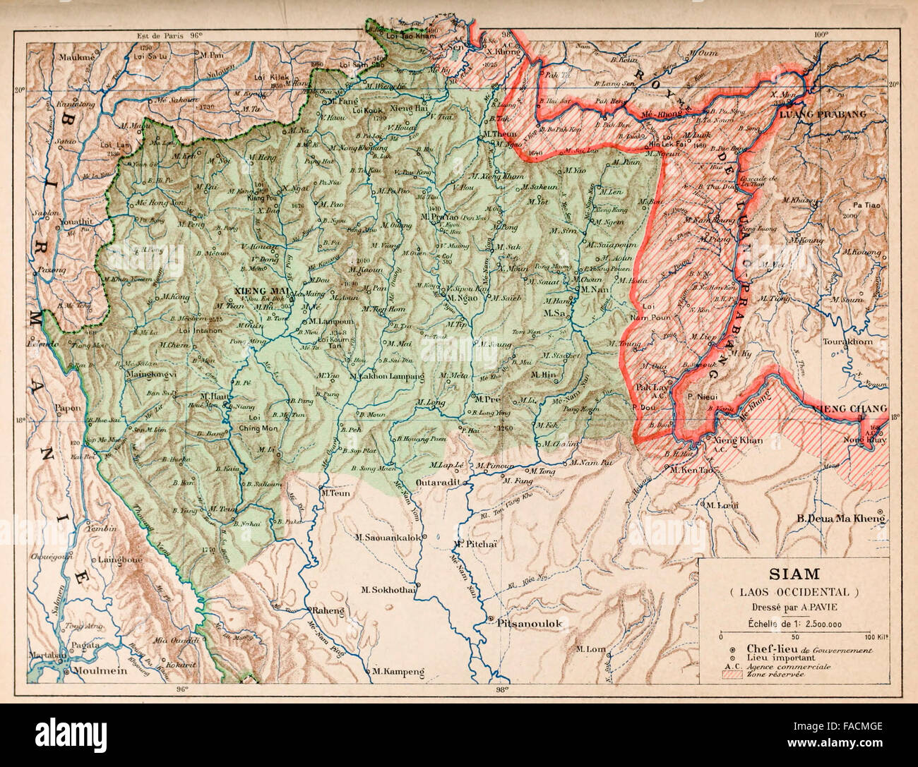 Mappa di Siam, circa 1890. Testo in francese Foto Stock