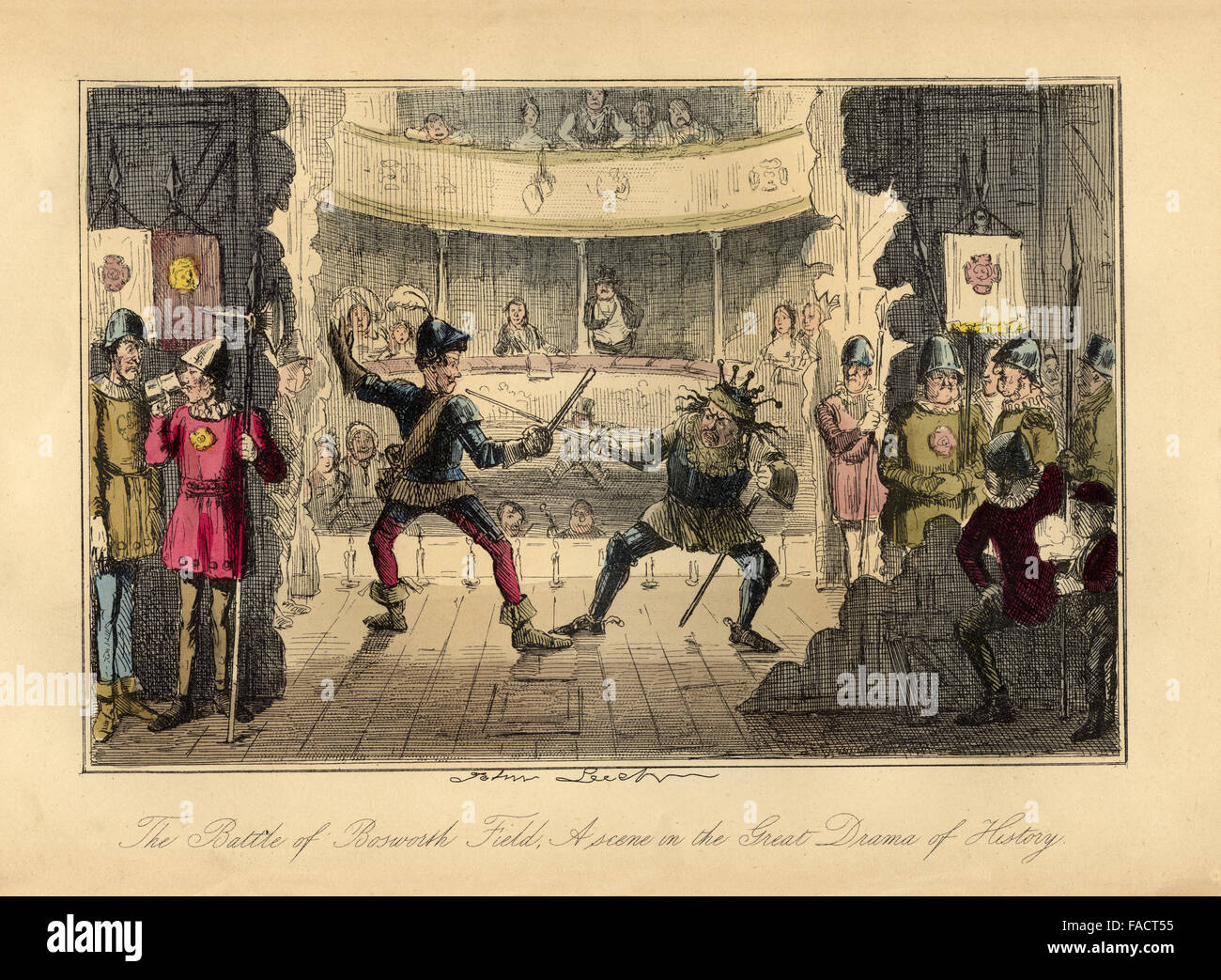 Colorati a mano fumetto illustrazione dal 1846 raffigurante un satirico di rievocazione della battaglia di Bosworth Field del 1485 come un dramma teatrale Foto Stock