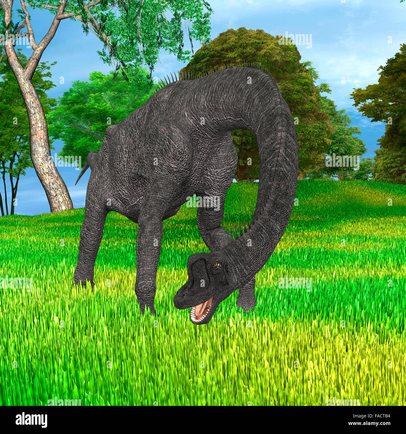 3D render digitale di dinosauro brachiosaurus in un parco preistorico Foto Stock