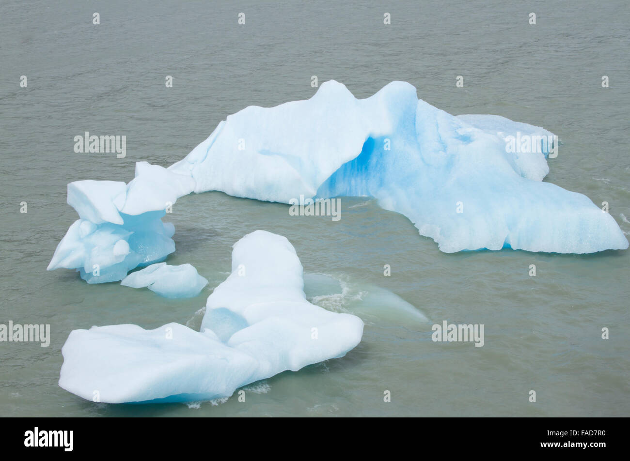 Blu iceberg galleggianti nel lago grigio Patagonia Cile circondato dalla Cordigliera delle Ande. Foto Stock