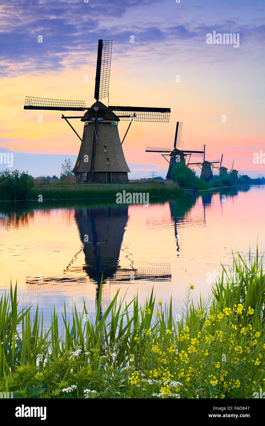 Paesi Bassi mulini a vento al tramonto - Kinderdijk, Olanda Foto Stock