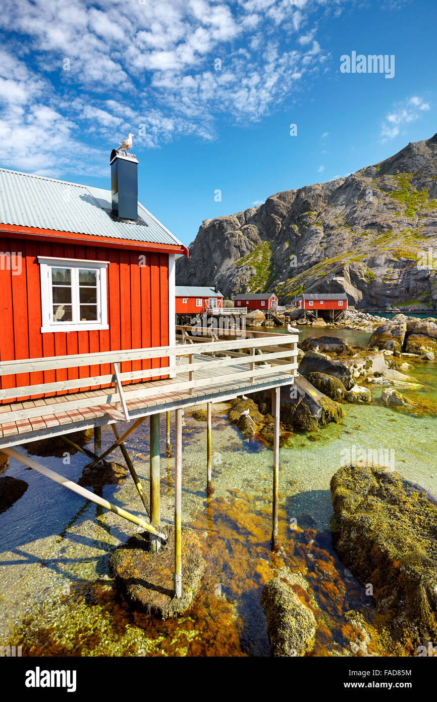 Tradizionale in rosso i pescatori in legno capanne rorbu, Lofoten Island, Norvegia Foto Stock