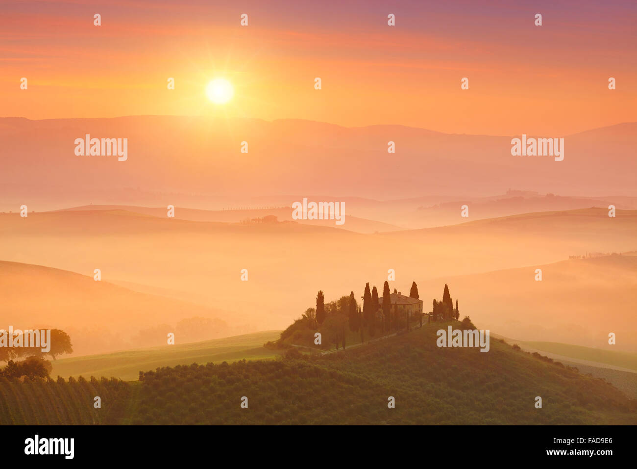 Paesaggi della Toscana sunrise, Val d'orcia, Italia Foto Stock