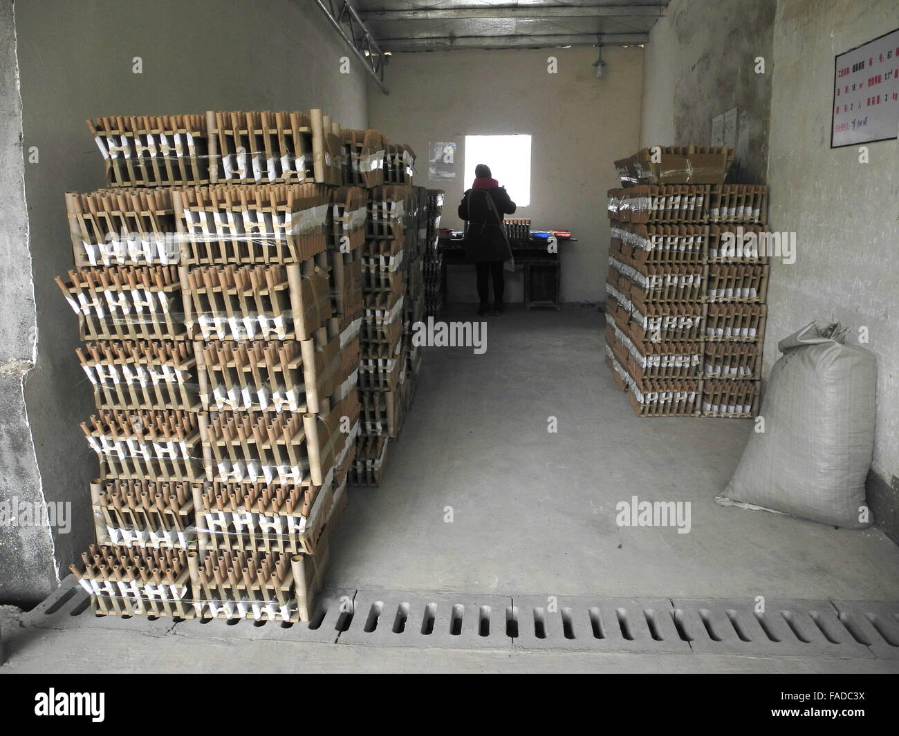 Liuyang, Cina. 25 Nov, 2015. Un lavoratore assembla le batterie di razzi a una fabbrica di fuochi d'artificio in Liuyang, Cina, 25 novembre 2015. Più della metà dei fuochi d'artificio venduti in tutto il mondo sono fabbricati in città cinese. Foto: JOERN PETRING/DPA/Alamy Live News Foto Stock