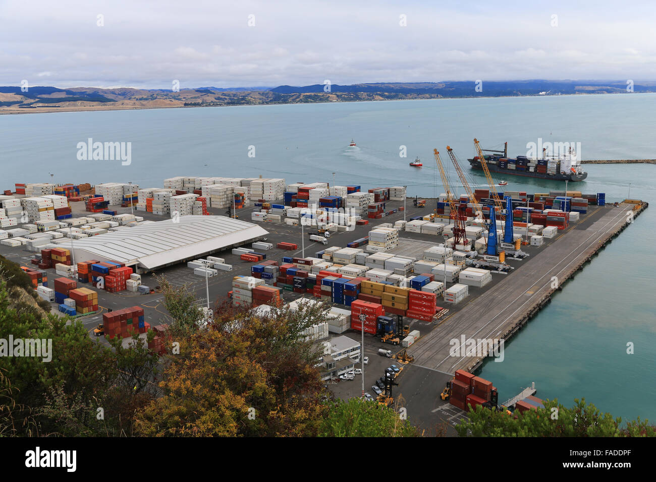 Terminale per container al Porto di Napier, Napier, Hawke's Bay, Nuova Zelanda come visto dalla collina di Bluff dominio. Foto Stock