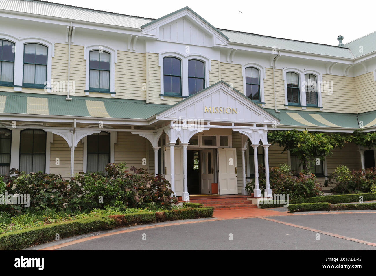 Ingresso alla missione cantina immobiliare edificio a Poraiti, Napier, Hawke's Bay, Nuova Zelanda. Foto Stock