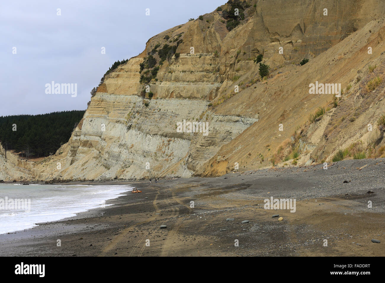 Alte scogliere di erosione e accesso alla spiaggia a Gannett colony presso la Clifton, Hawke's Bay, Nuova Zelanda. Foto Stock
