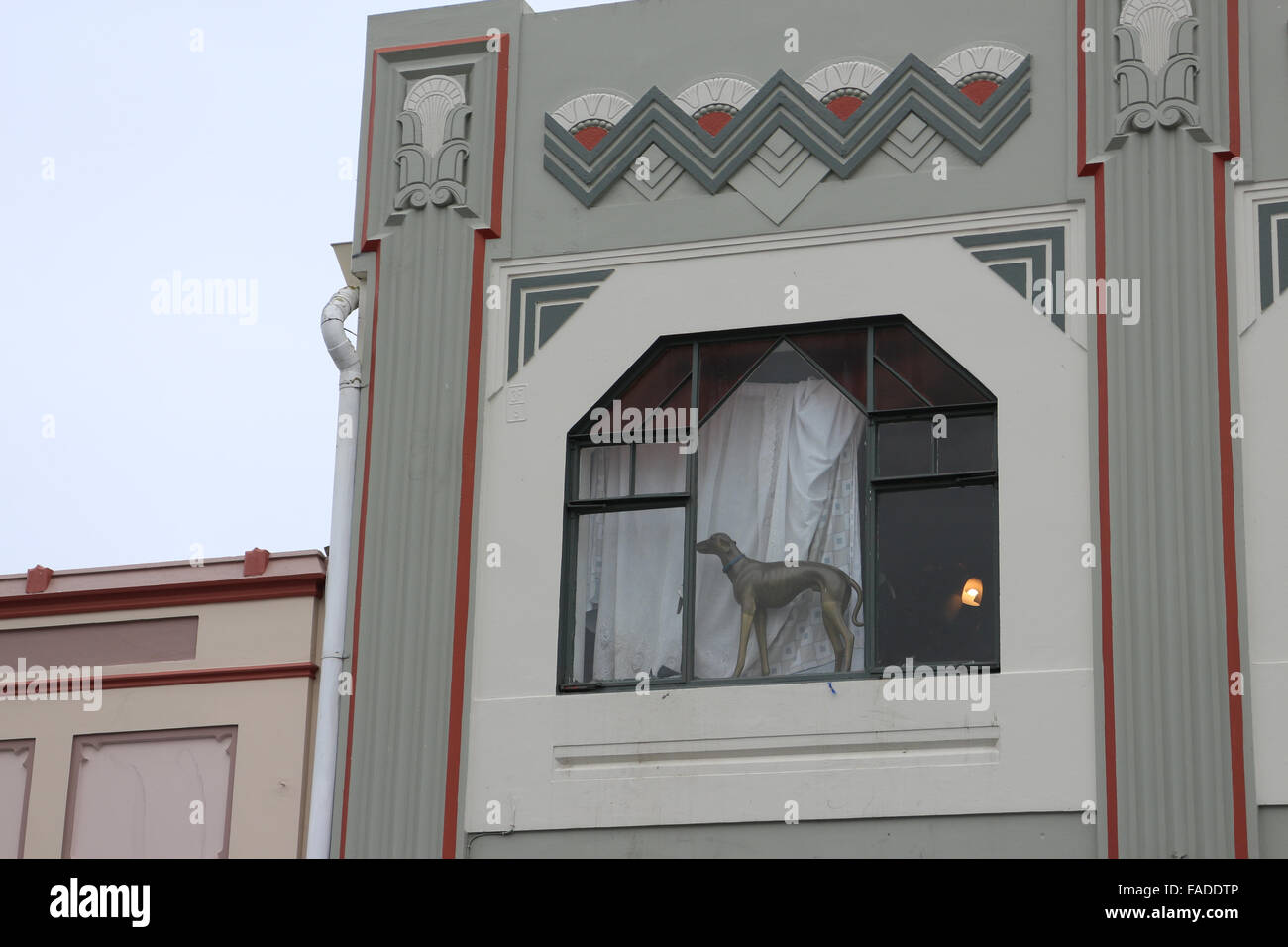 Statua di un cane nella finestra di un edificio art deco su Emerson Street a Napier, Hawke's Bay, Nuova Zelanda. Foto Stock