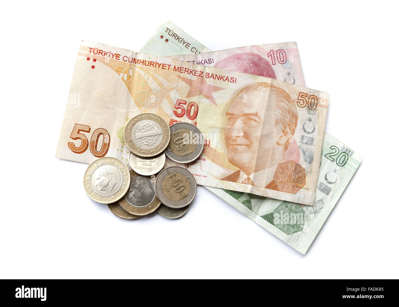 Bagno turco ai fondi nazionali isolati su sfondo bianco, differenti banconote e monete Foto Stock