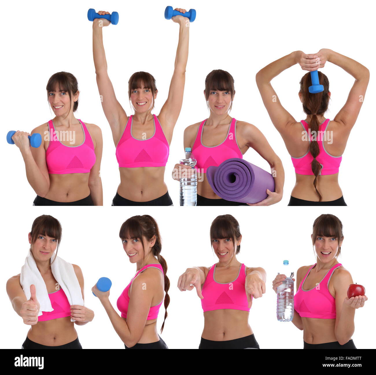 Raccolta di sorridente donna fitness sport allenamento con i pesi isolato su uno sfondo bianco Foto Stock