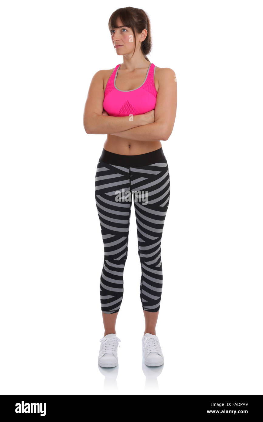 Allenamento fitness donna alla formazione sportiva cercando corpo pieno ritratto isolato su uno sfondo bianco Foto Stock