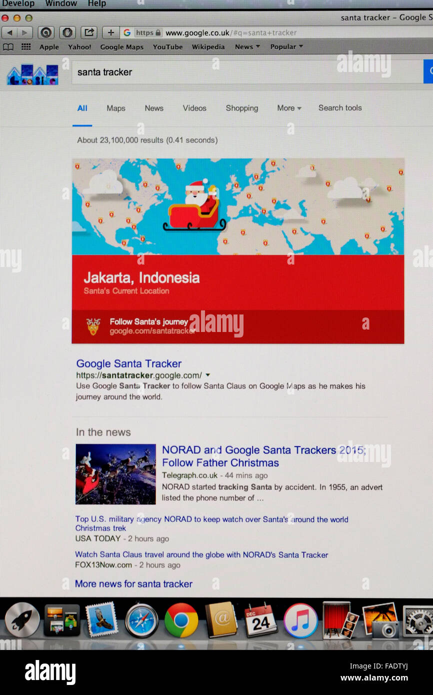 Screen shot di santa tracker che mostra la sua posizione alla vigilia di Natale come jakarta indonesia Foto Stock