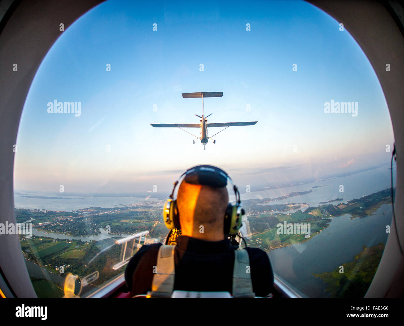 Vista aerea di un pilota durante un volo di formazione Foto Stock