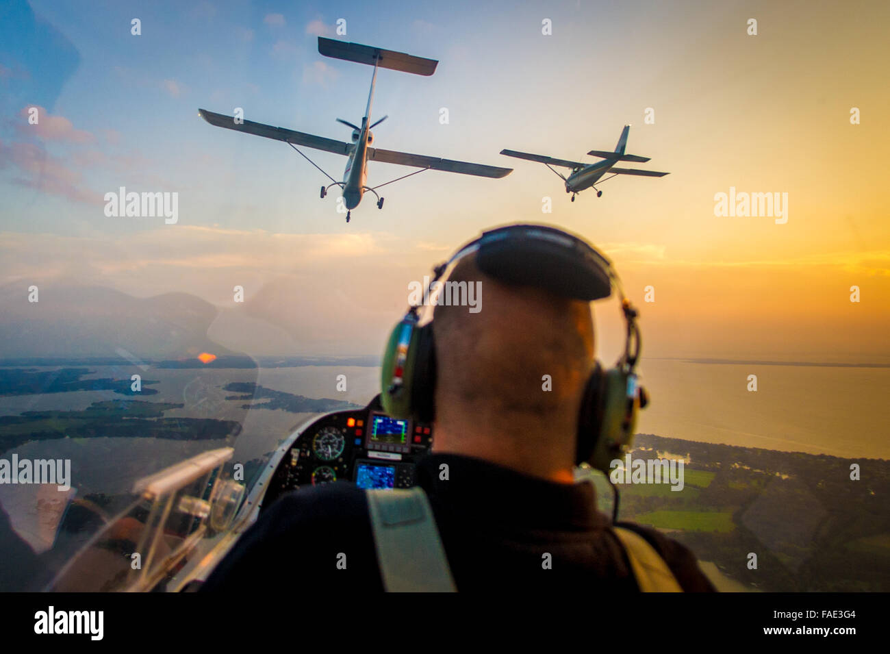 Vista aerea di un pilota durante un volo di formazione Foto Stock