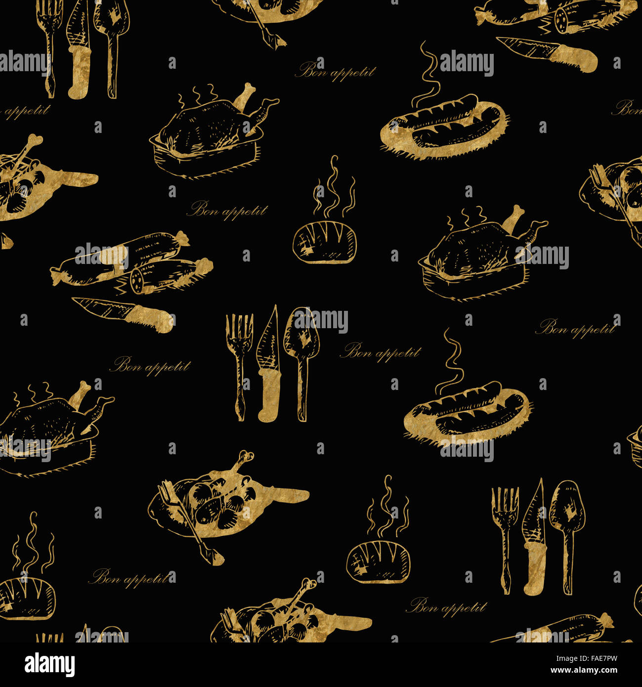 Golden seamless disegnati a mano modello alimentare con le parole bon appetit Foto Stock